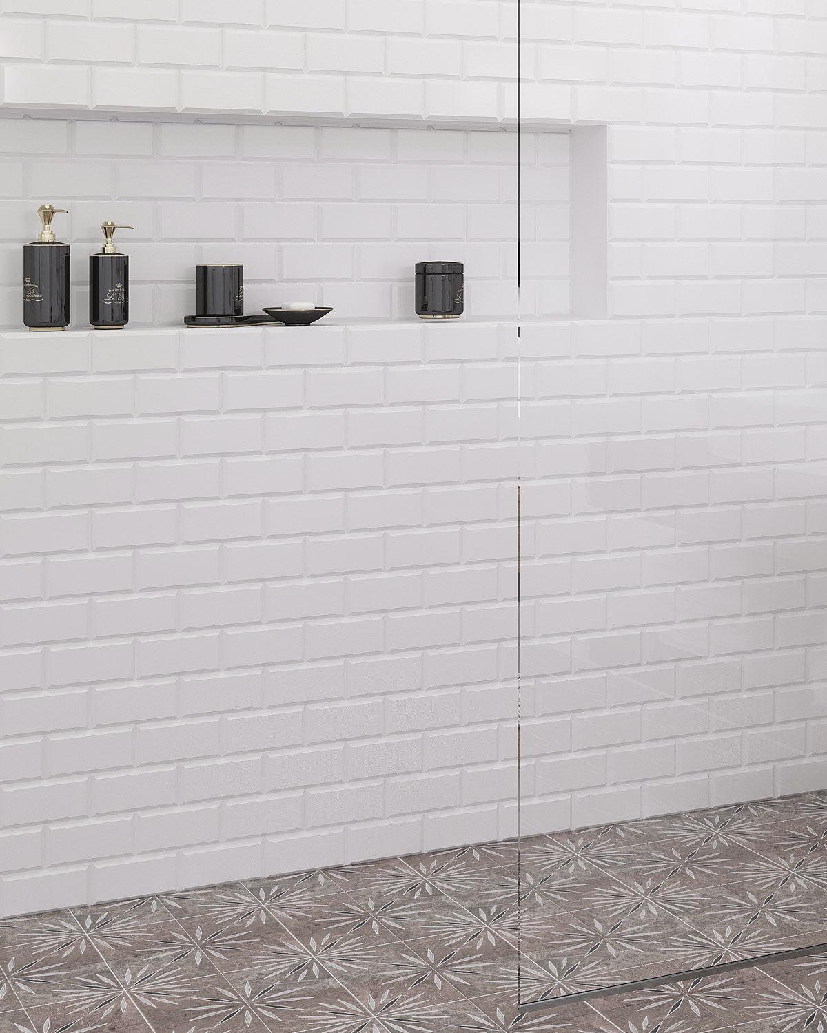 Beveled White Marble Subway Tile Shower Niche
