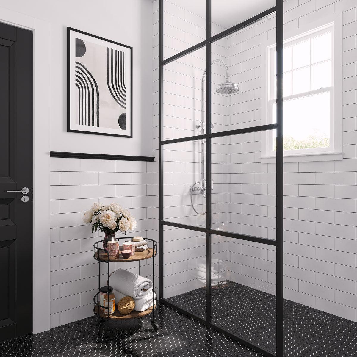 Black and white bathroom with Thassos white marble 4x12 Subway Tiles