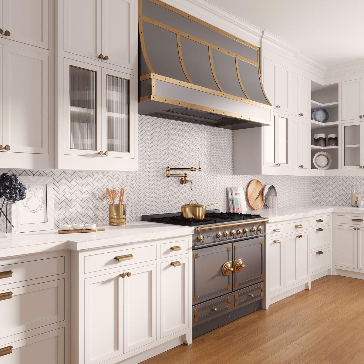 White and wood kitchen with Thassos White Marble Herringbone Mosaic Tile backsplash