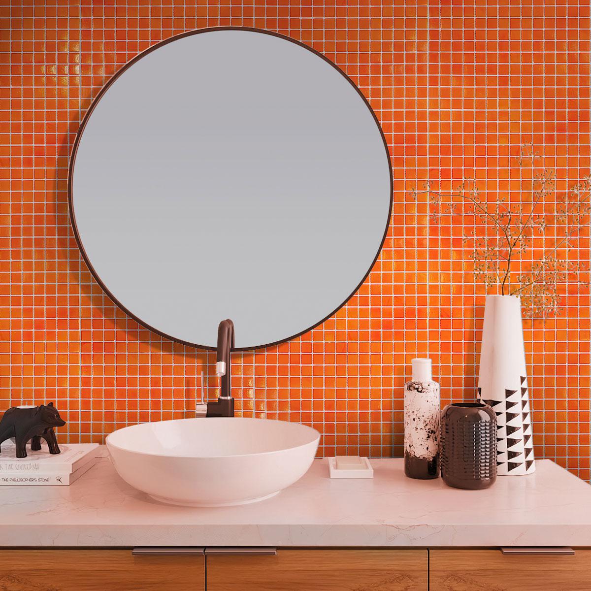 Tiger Orange Squares Glass Pool Tile Bathroom Backsplash