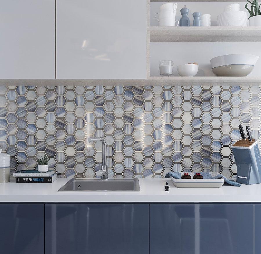 Topaz Marbled Glass Hexagon Mosaic Kitchen Backsplash in Blue, White, and Gray