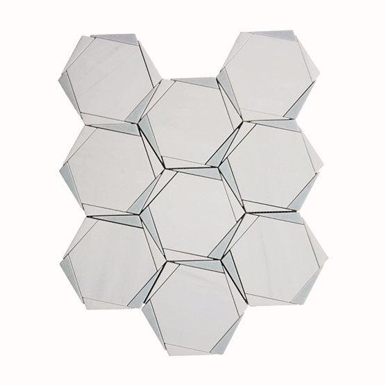 Triangular Hexagon in Bianco Dolomiti Leyte Blue and Thassos Marble Mosaic Tile Sample