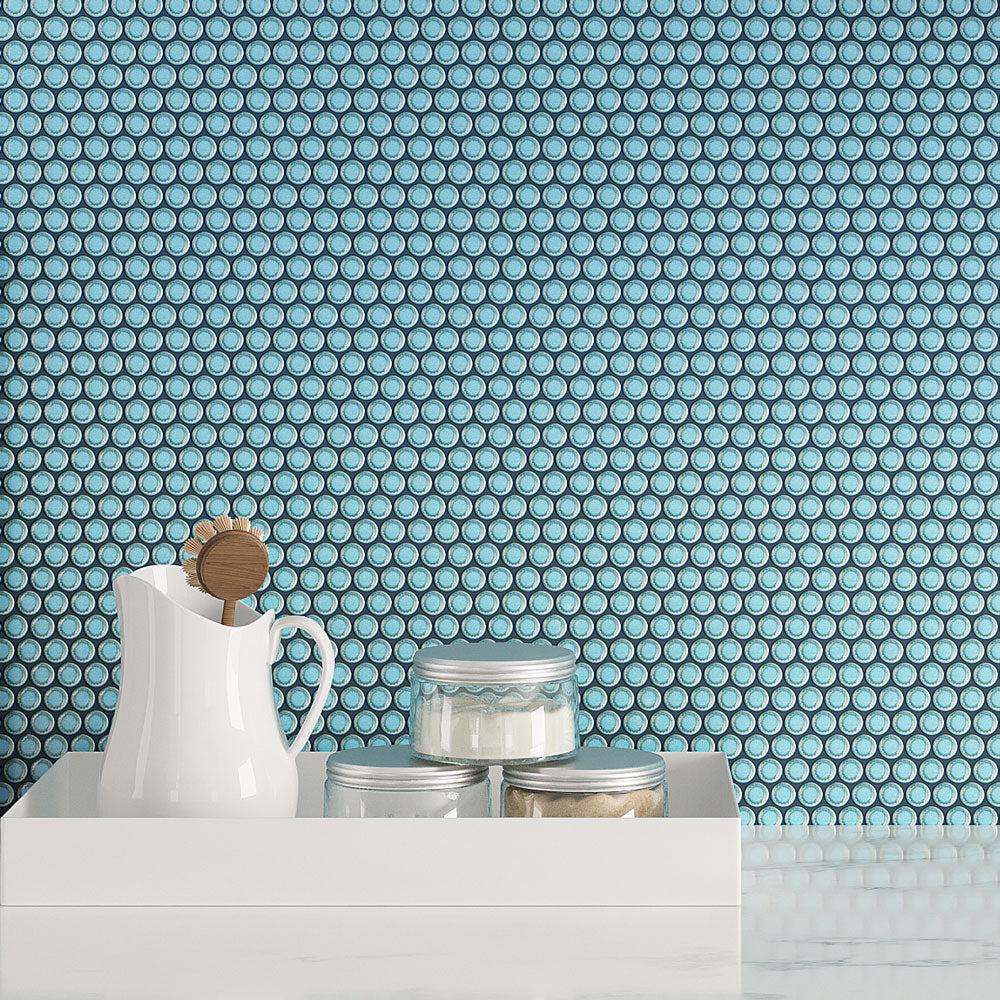 Tray with Spices on the Background of the Blue Buttons Porcelain Penny Round Tile Wall