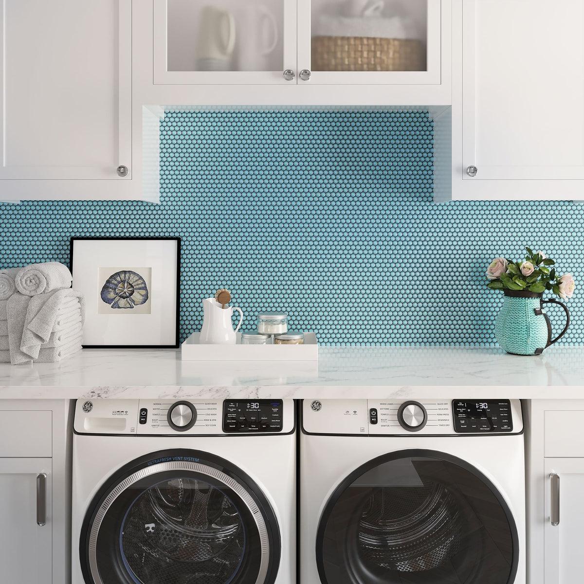 Turquoise Blue Buttons Porcelain Penny Round Tile Laundry Room Backsplash