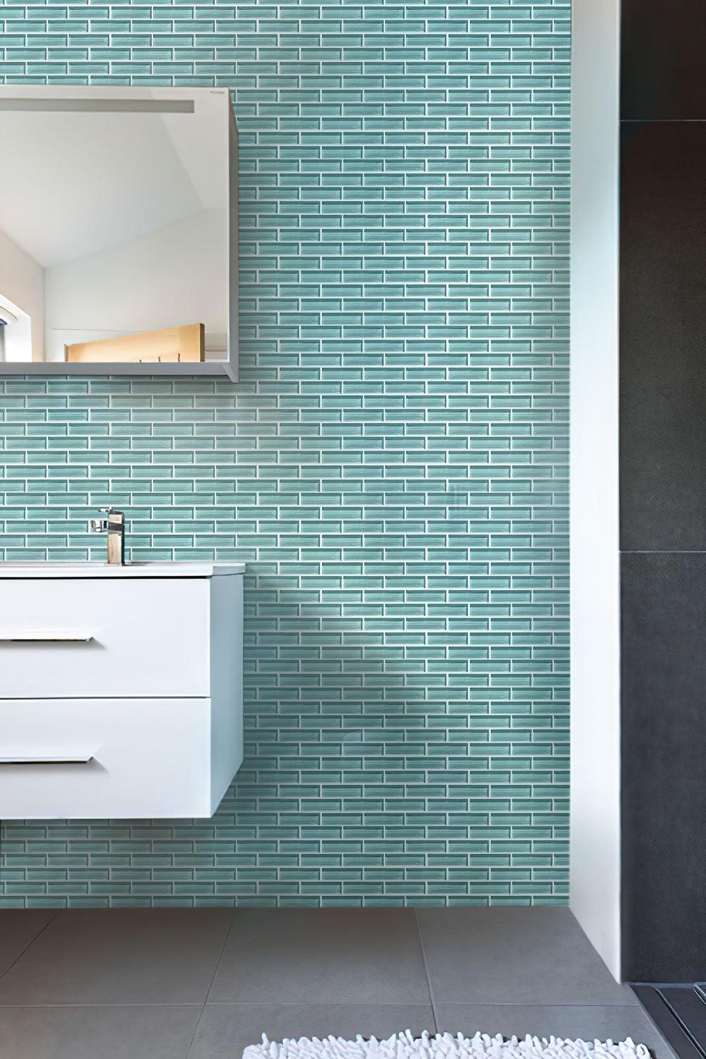 White & grey bathroom with Turquoise Glass Brick Tile backsplash