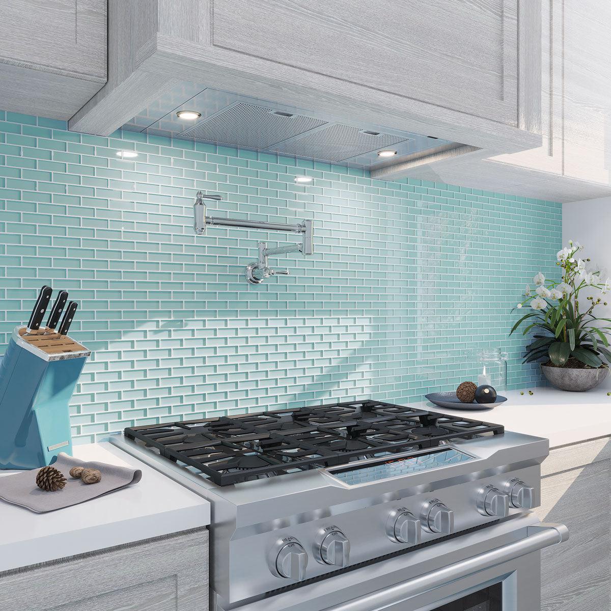 Turquoise Glass Brick Tile Backsplash for a White Kitchen