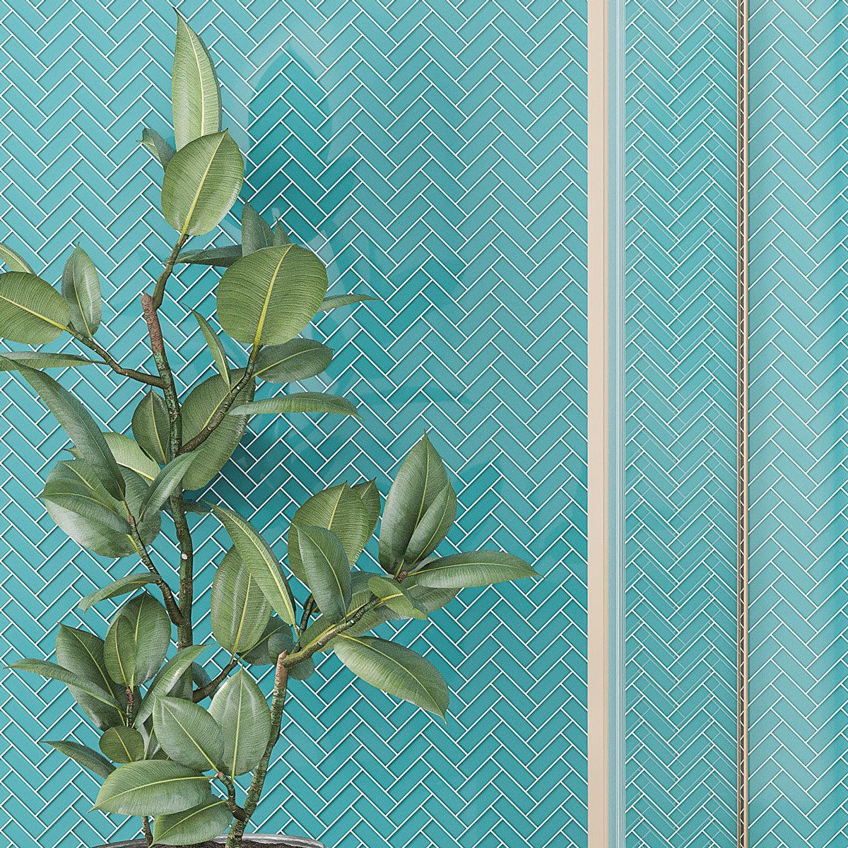 Ornamental Plant on Background Turquoise Herringbone Glass Tile Wall