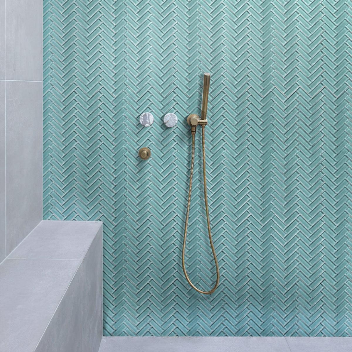 Turquoise Herringbone Glass Tile shower backsplash