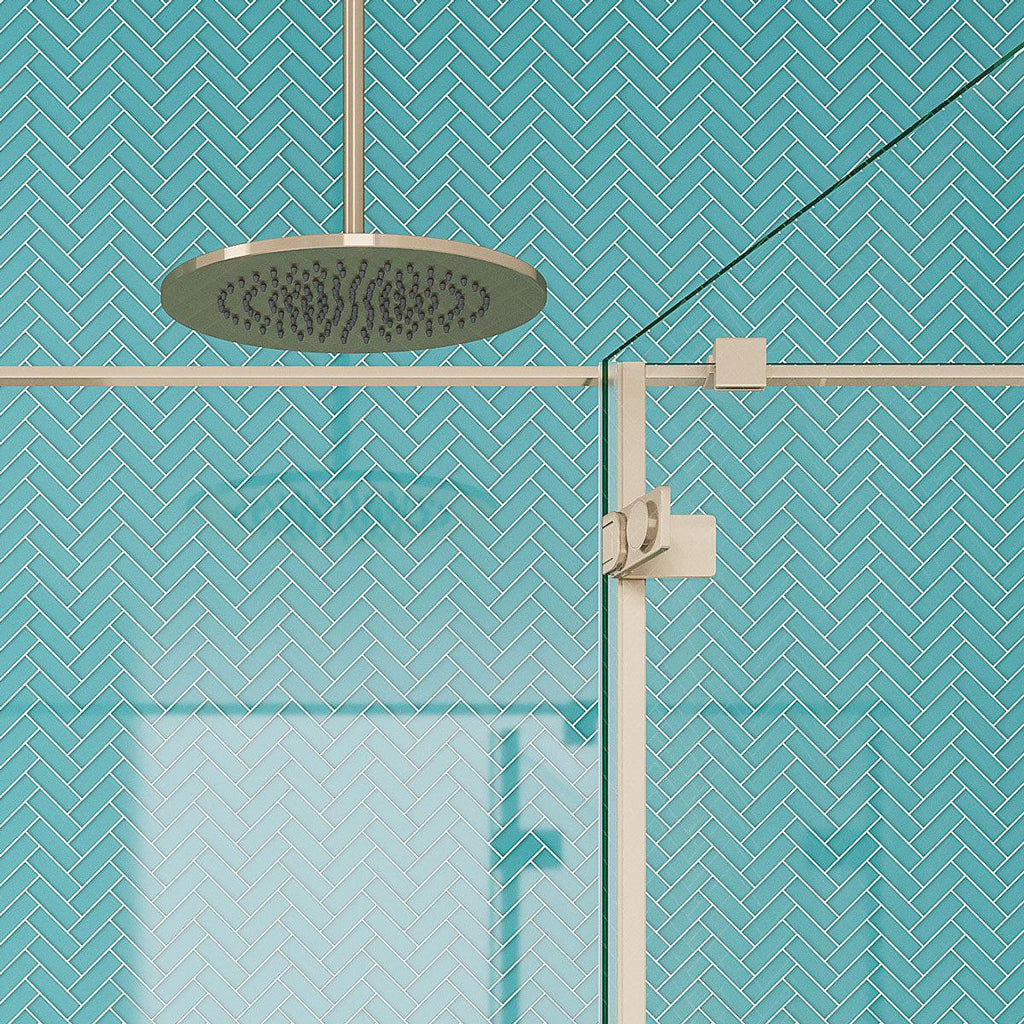 Golden Shower Head with Turquoise Herringbone Glass Tile Wall
