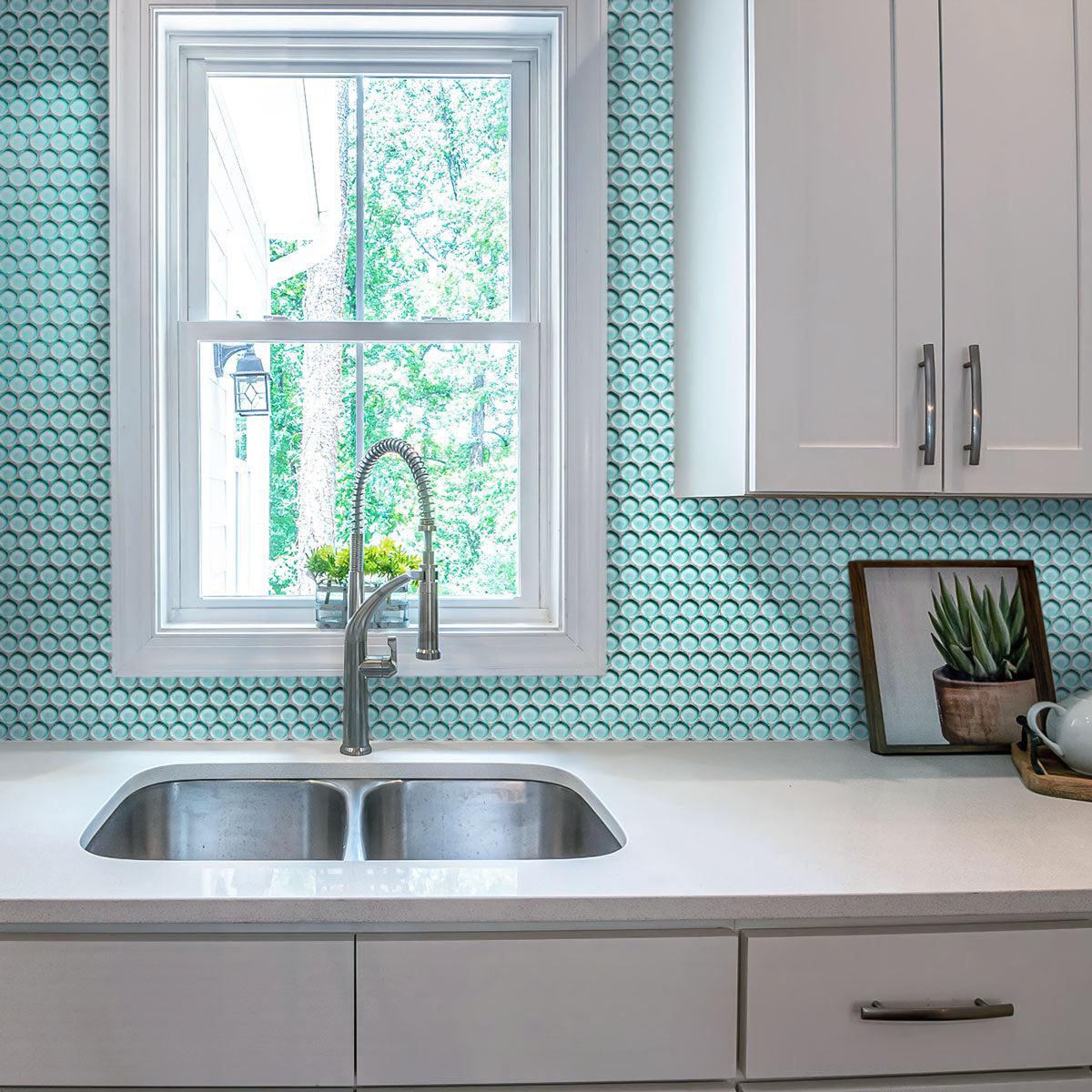 White kitchen with Turquoise Penny Round Glass Tile backsplash