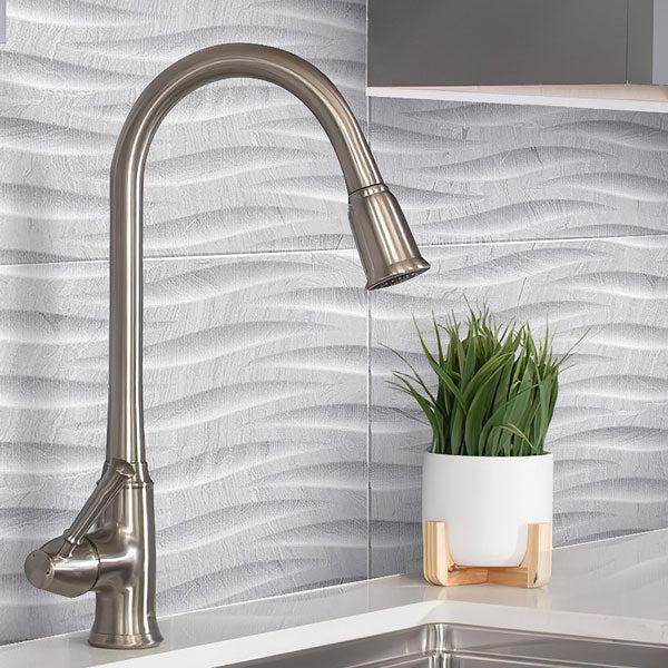 Kithen Sink in front of Varana Gris Decor Backsplash