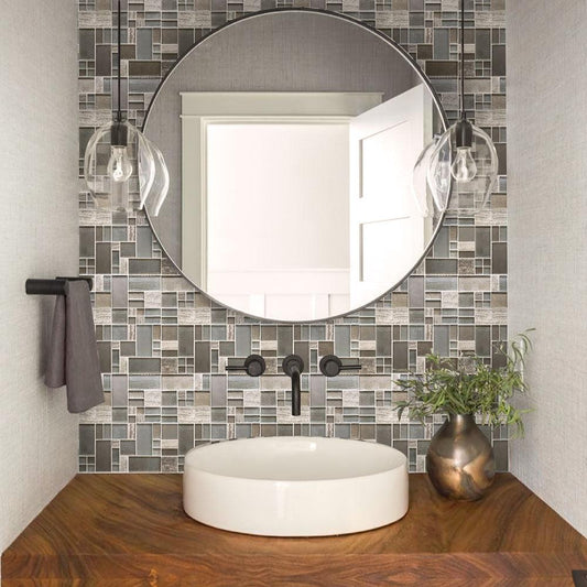 Geometric marble and glass mosaic tile for bathroom walls