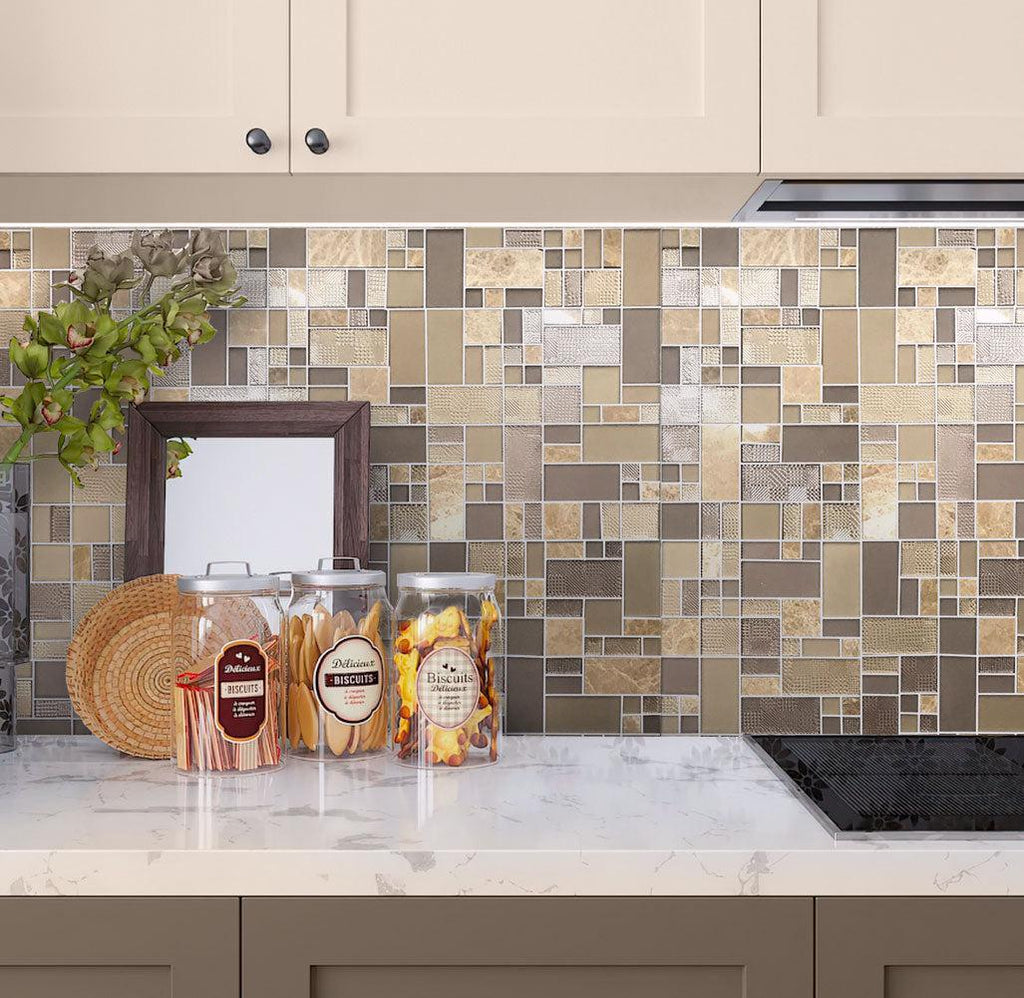 Versailles Emperador Light Marble And Glass Mosaic Tile Kitchen Backsplash