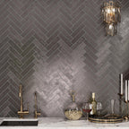 Villa 2X8 Metallic Glass Tile laid out in a herringbone pattern
