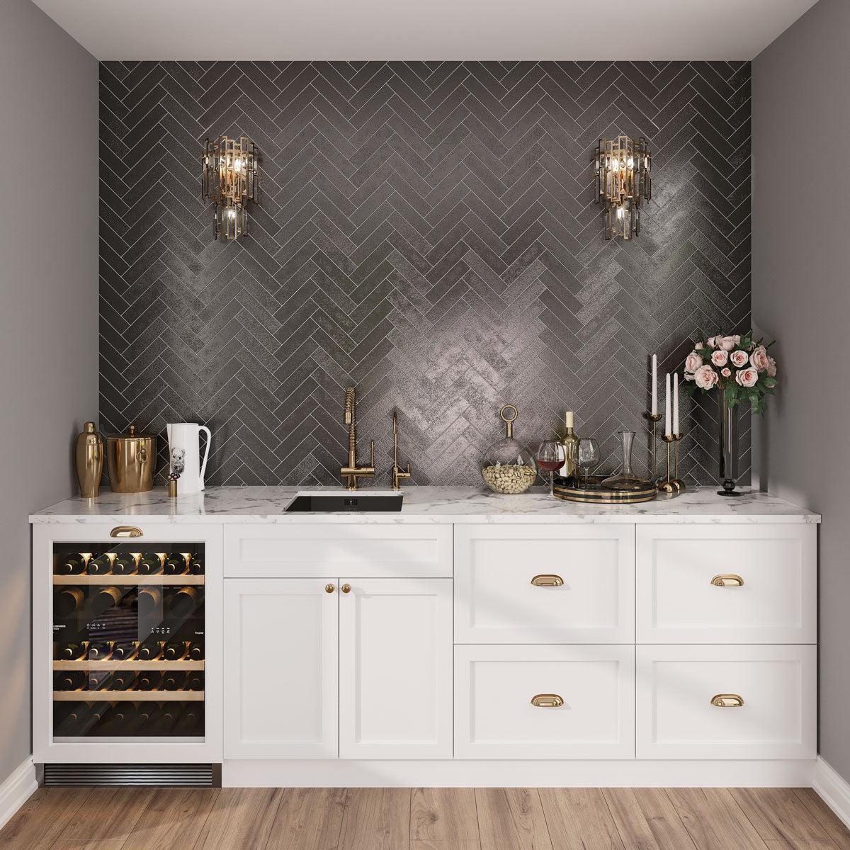 Contemporary black and white bar backsplash with a textured glass subway tile in a herringbone layout
