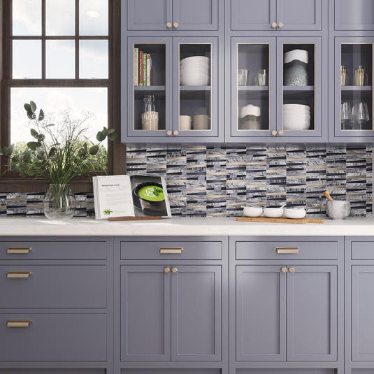 Blue cabinet paint with Villa Pyramids Blue Glass & Marble Mosaic Tile