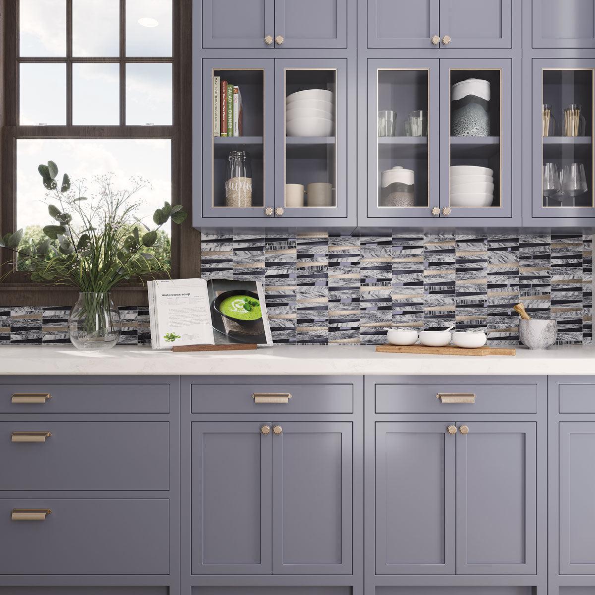 Blue cabinet paint with Villa Pyramids Blue Glass & Marble Mosaic Tile