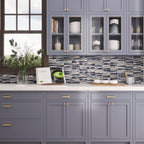 Blue cabinet paint with Villa Pyramids Blue Glass & Marble Mosaic Tile