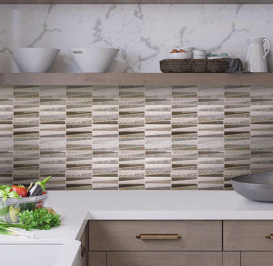 Stacked Glass and Stone Tile Backsplash