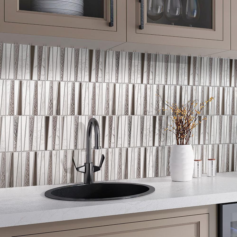 Villa Pyramids White Marble & Glass Mosaic Tile kitchen backsplash