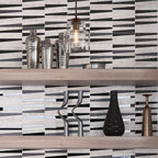 Pantry Shelves in Background of Villa Pyramids White Marble & Glass Mosaic Tile Wall