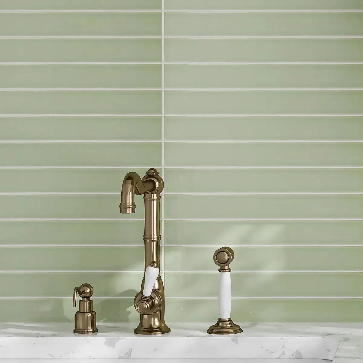 Viva mint green ceramic subway tile kitchen backsplash
