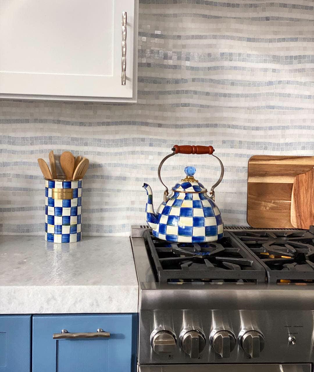 Blue and White Kitchen with Waterfall Azul Cielo & Thassos Marble Mosaic Tile Backsplash
