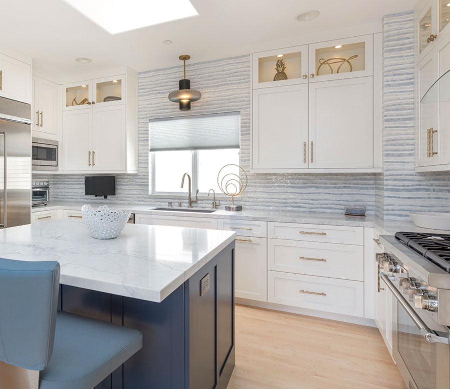 White and Blue Modern Kitchen with Waterfall Azul Cielo & Thassos Marble Mosaic Tile Backsplash