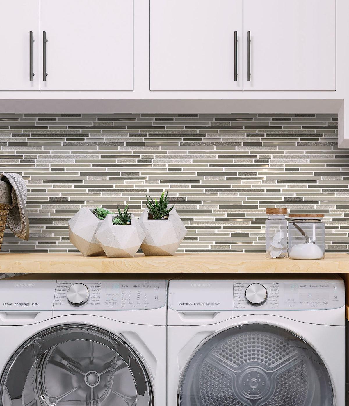 Laundry Room Backsplash with Stacked Stone and Glass Tile