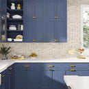 White and gold glass stick tile kitchen wall backsplash