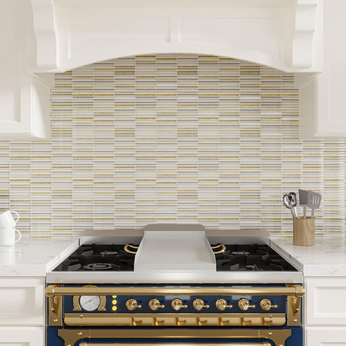 White and gold glass backsplash tile behind kitchen stove range
