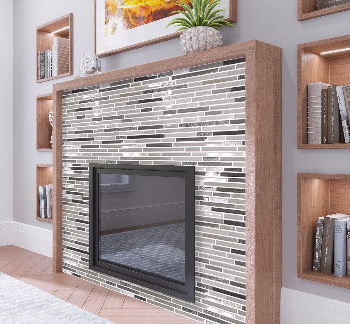 Gray and silver stacked glass tile for a modern fireplace surround