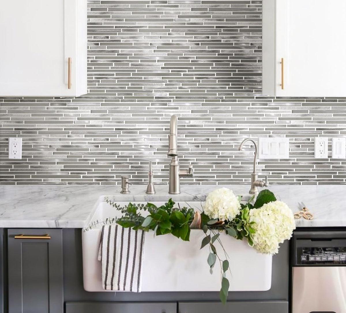 Waterfall Silver White Linear Glass & Metal Mosaic Tile Backpslash for a Farm Sink