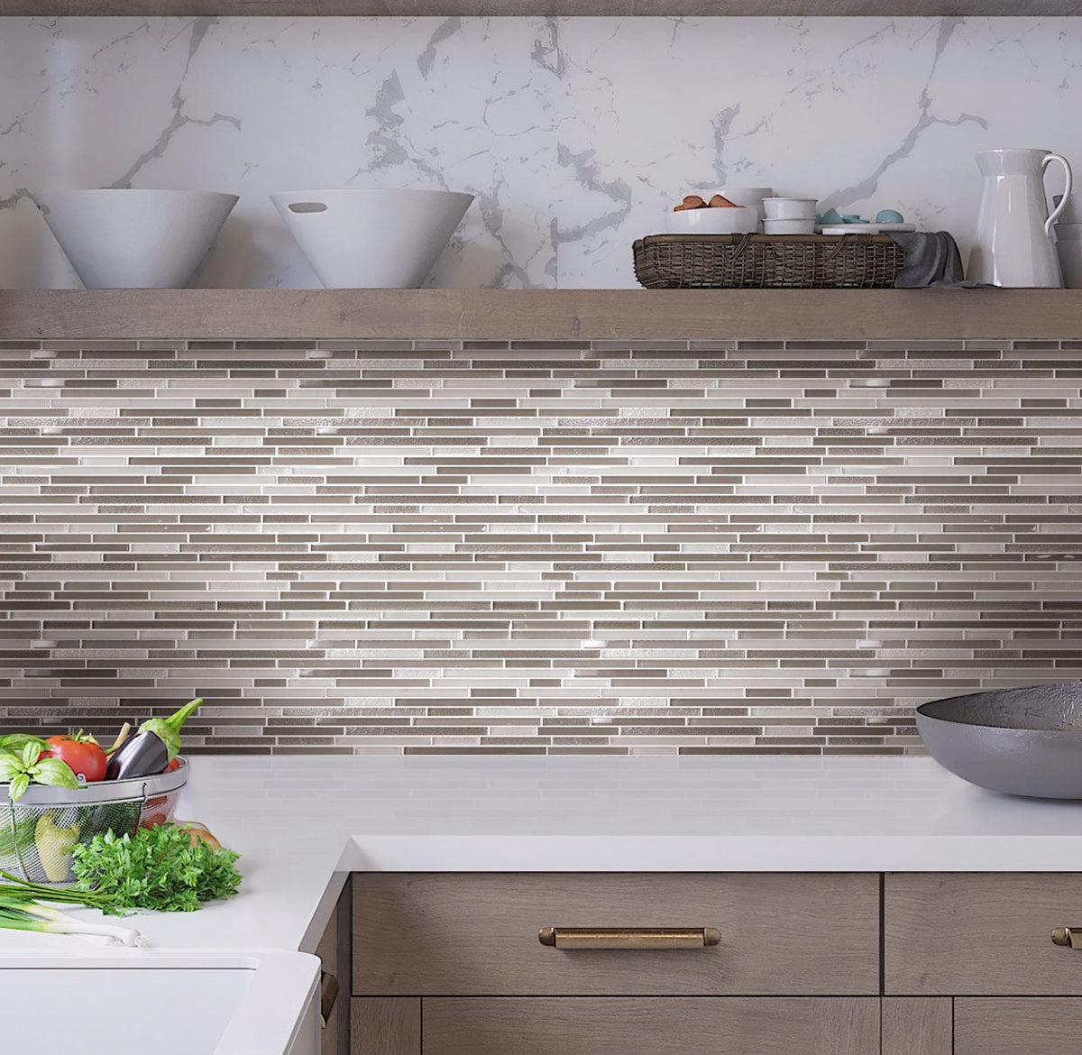 Waterfall White And Grey Linear Glass MosaicKitchen Tile
