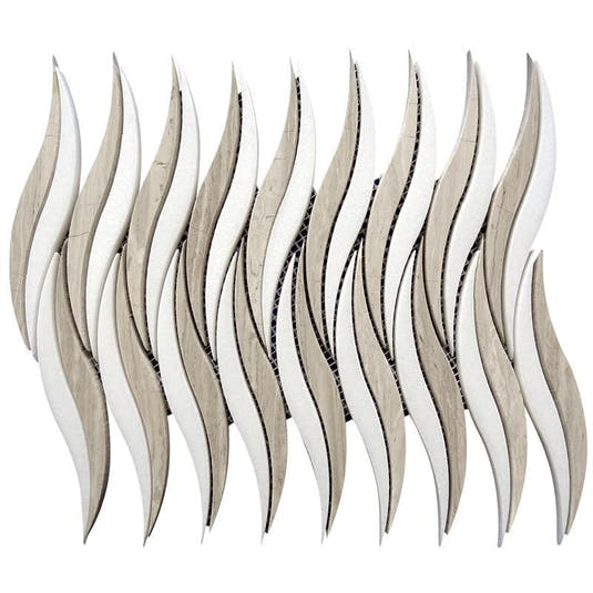 8.3" x 12.2" Waves Wooden Beige & Thassos Marble Mosaic Tile | Mosaic Waves Pattern