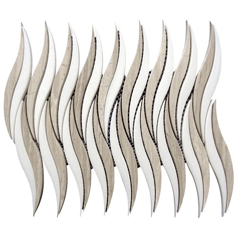 8.3" x 12.2" Waves Wooden Beige & Thassos Marble Mosaic Tile | Mosaic Waves Pattern