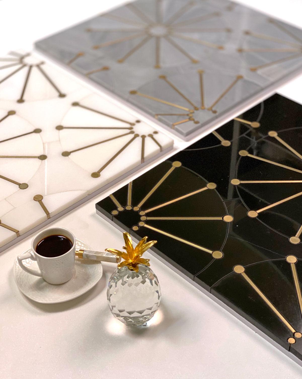 Wheel Deco Black Marble and Brass Inlay Mosaic Tile | Tile Club