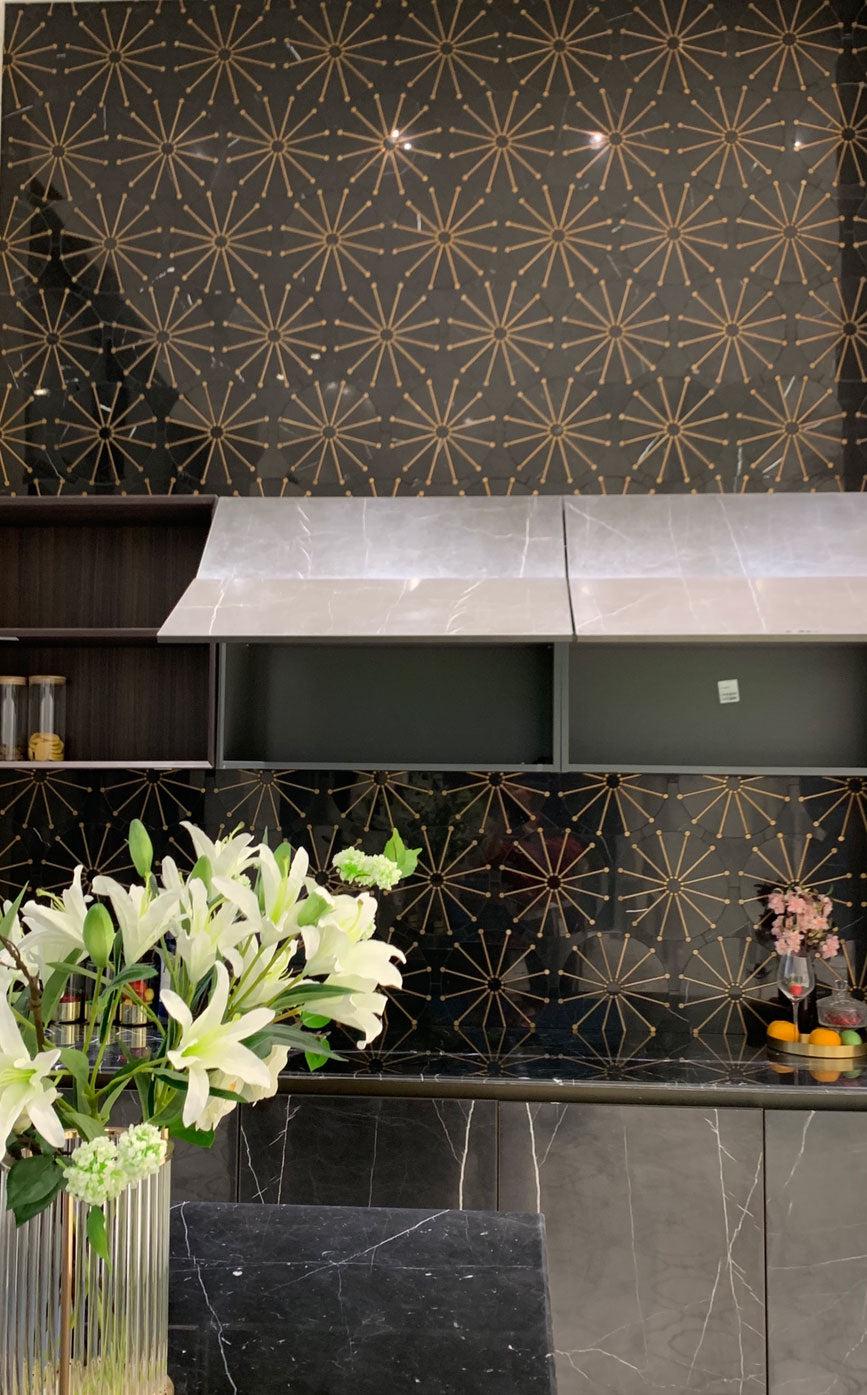 Wheel Deco Black Marble and Brass Inlay Mosaic Tile | Tile Club