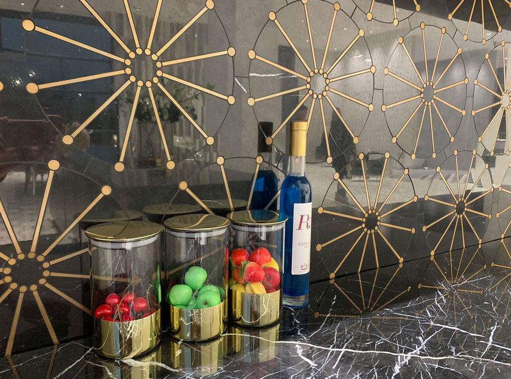 Wheel Deco Black Marble and Brass Inlay Mosaic Tile | Tile Club