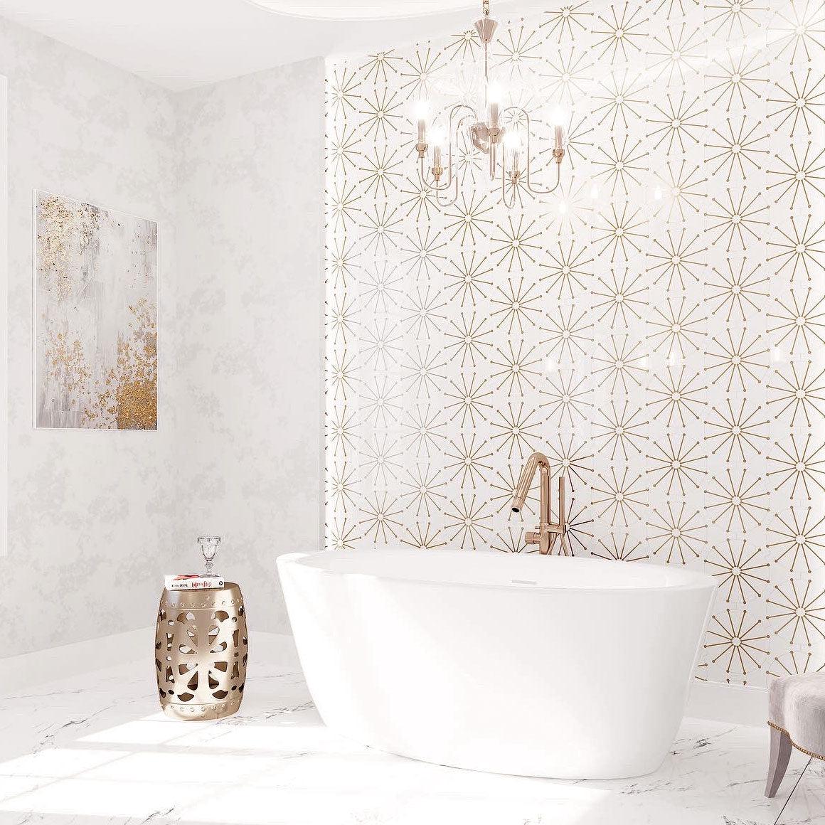Glamorous white and gold bathroom with Tile Club Wheel Deco marble and brass inlay tile