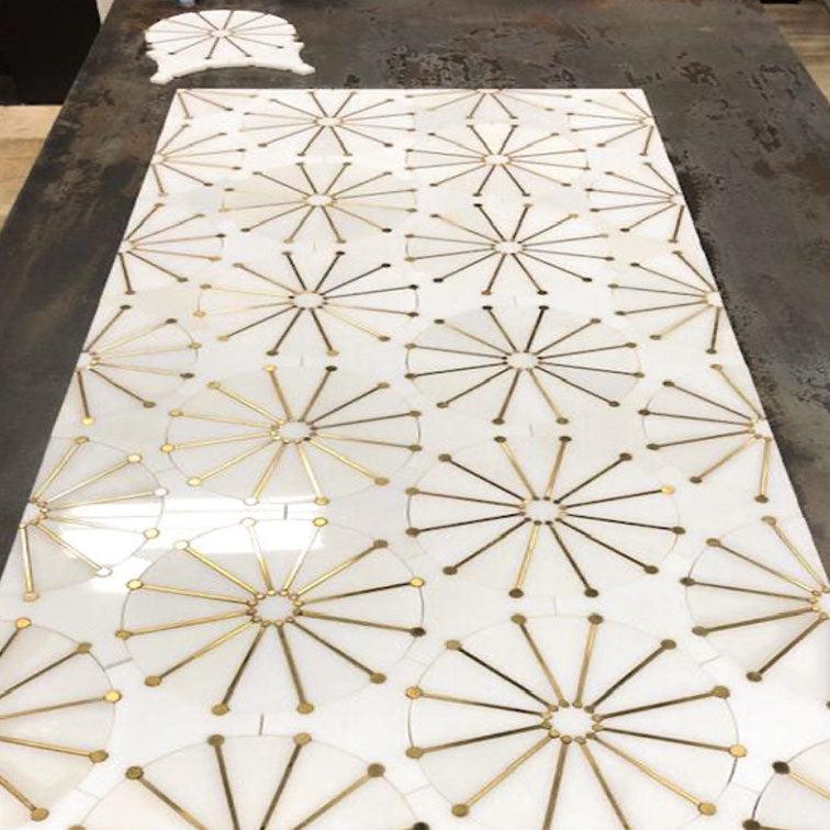 Wheel Deco White Marble and Brass Inlay Mosaic Tile