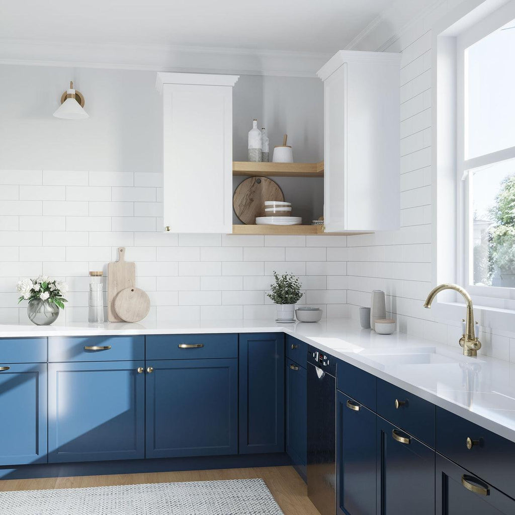 White and Blue Kitchen with Matte Ceramic Subway Wall Tile Backsplash