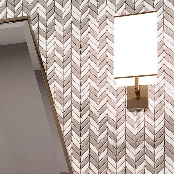 Modern Lamp on White And Beige Mix Leaf Recycled Glass Mosaic Tile Bathroom Wall