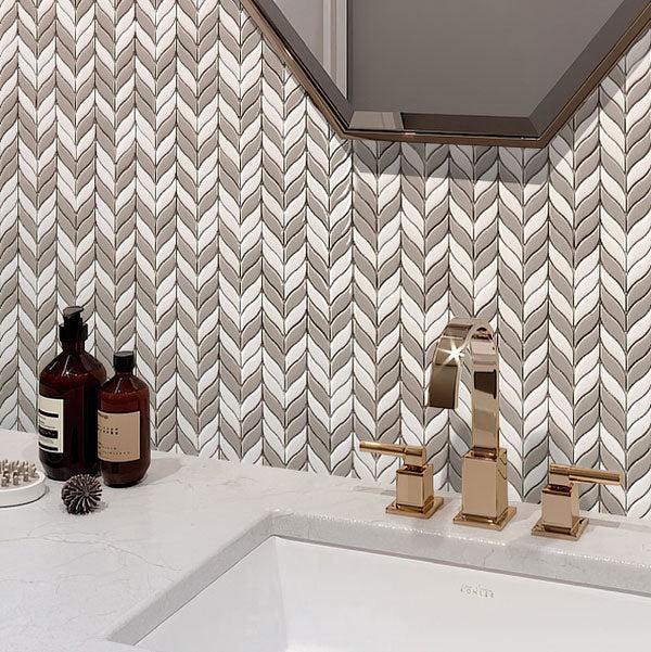 White & Gold Bathroom Sink on Background of White And Beige Mix Leaf Recycled Glass Mosaic