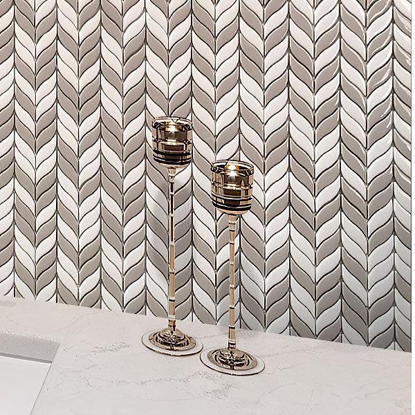 White And Beige Mix Leaf Recycled Glass Mosaic Wall Close-up