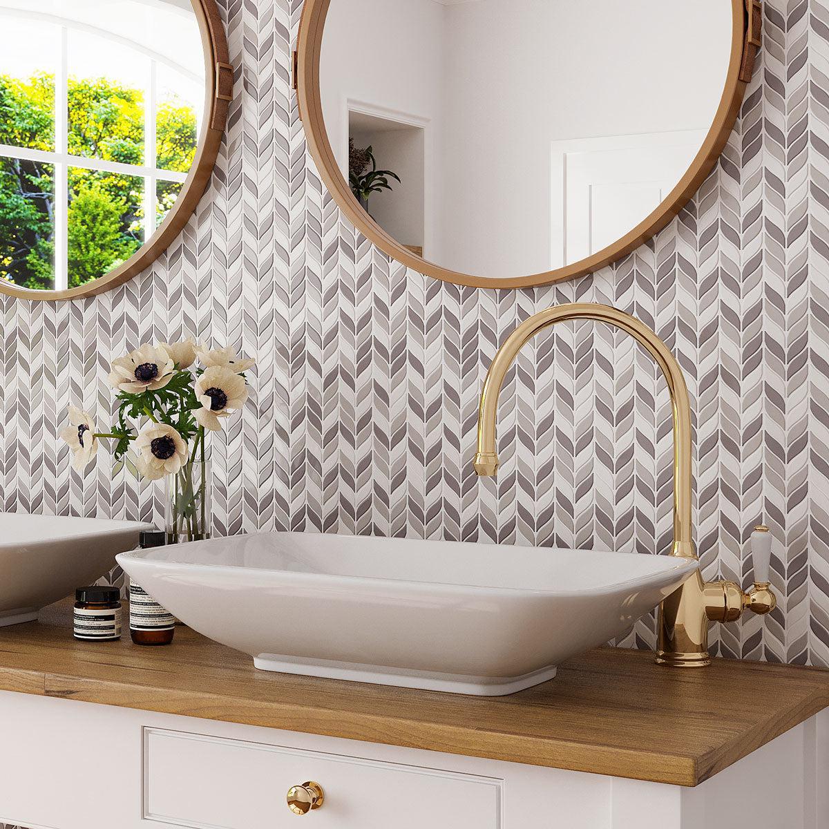 White And Beige Mix Leaf Recycled Glass Mosaic Tile for a neutral cottage bathroom tiled wall