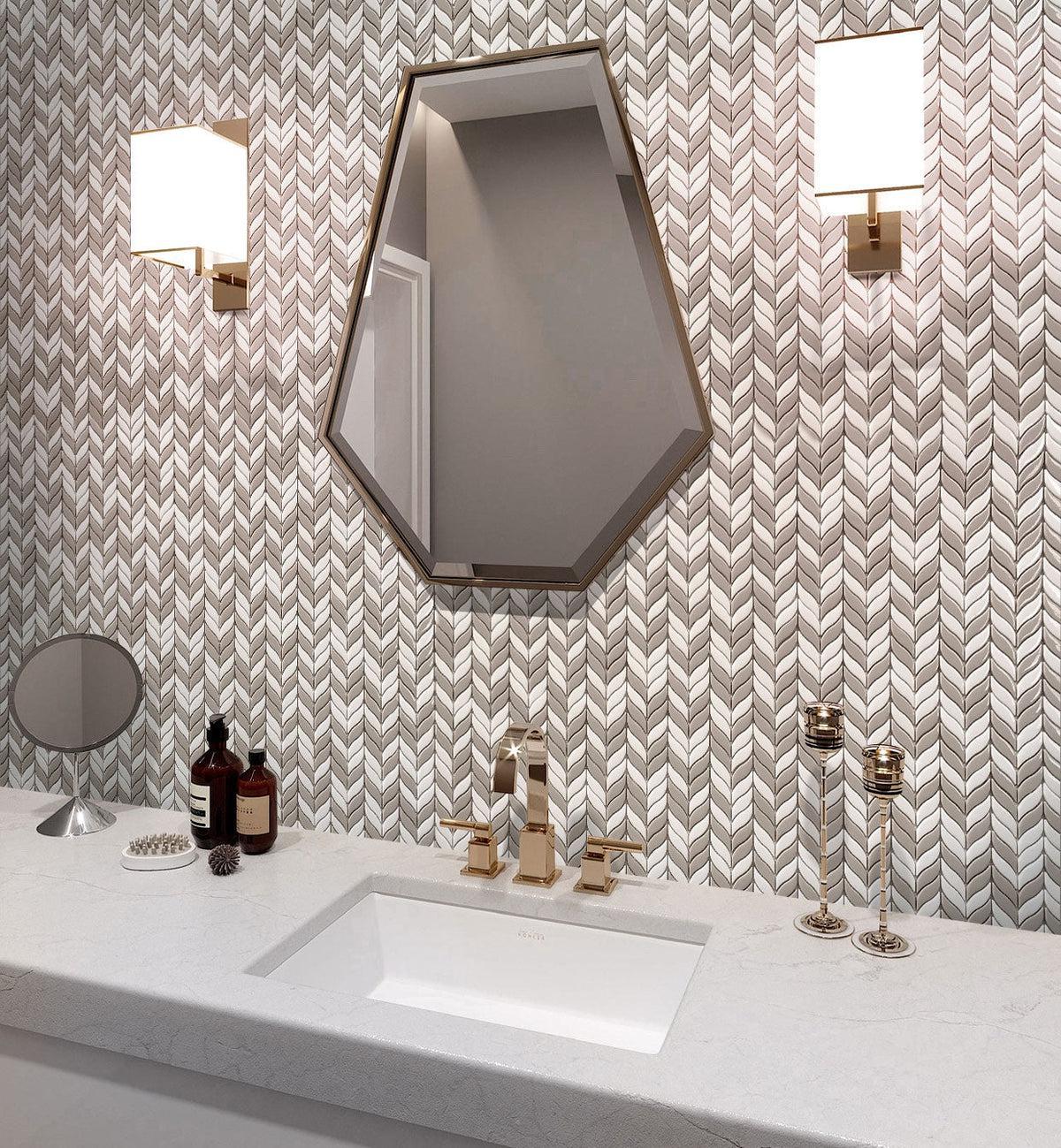 Modern White & Gold Bathroom with White And Beige Mix Leaf Recycled Glass Mosaic Tile Wall