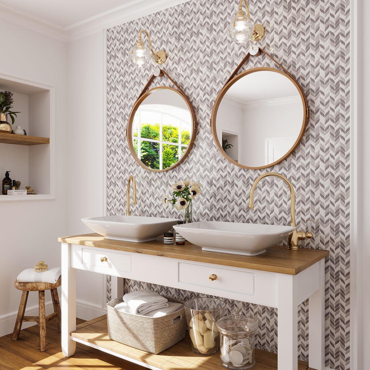 White and beige farmhouse bathroom with White And Beige Mix Leaf Recycled Glass Mosaic Tile