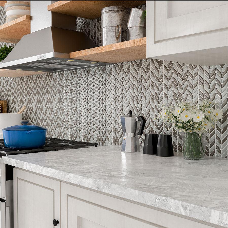 White And Beige Mix Leaf Recycled Glass Mosaic Tile | Tile Club