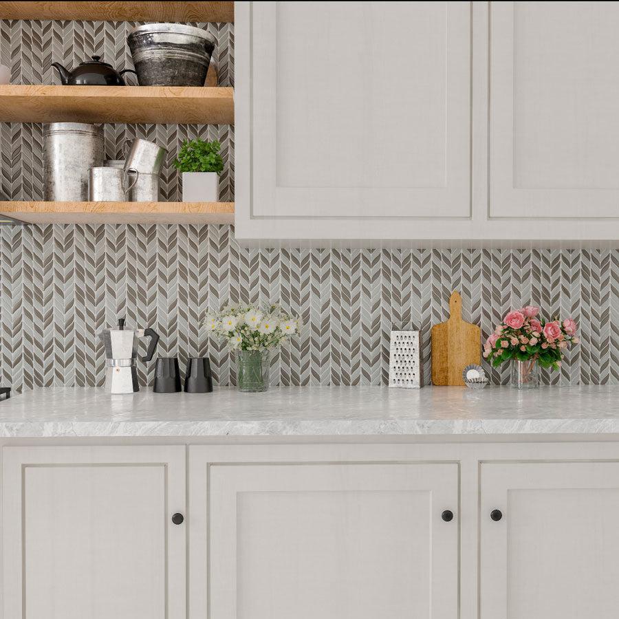 White And Beige Mix Leaf Recycled Glass Mosaic Tile Backsplash with White Cabinets